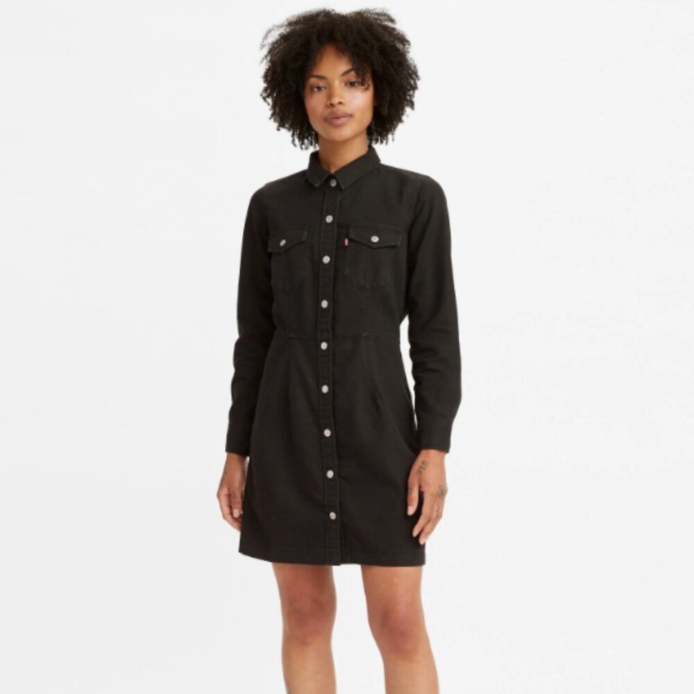Levis Ellie Denim Dress Black Long Sleeve Button Front Womens size XL